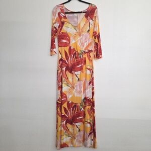 Soft Surroundings Elia Apricot Floral Jersey Stretch Med Maxi Dress 3/4 Sleeve